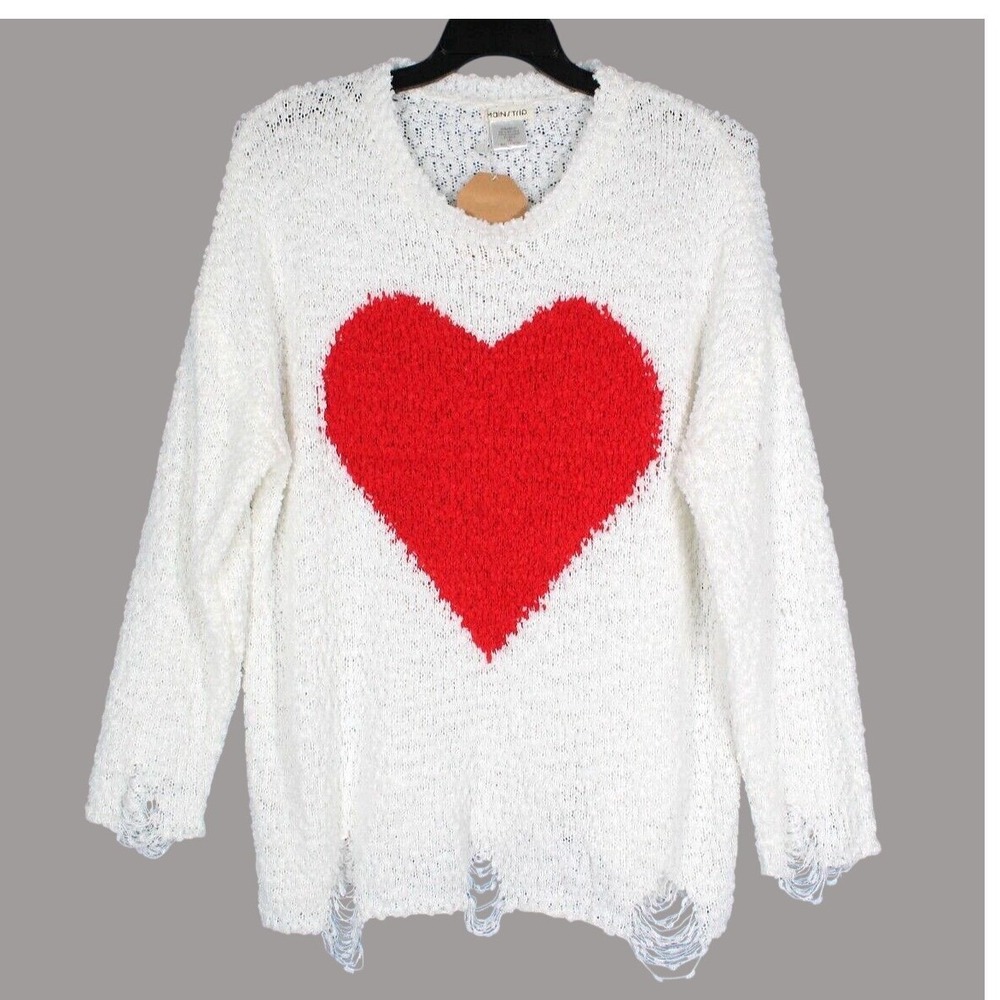 NWT MAIN STRIP White LARGE HEART Popcorn Knit TATTERED LOOK HEM Sweater Sz 2XL
